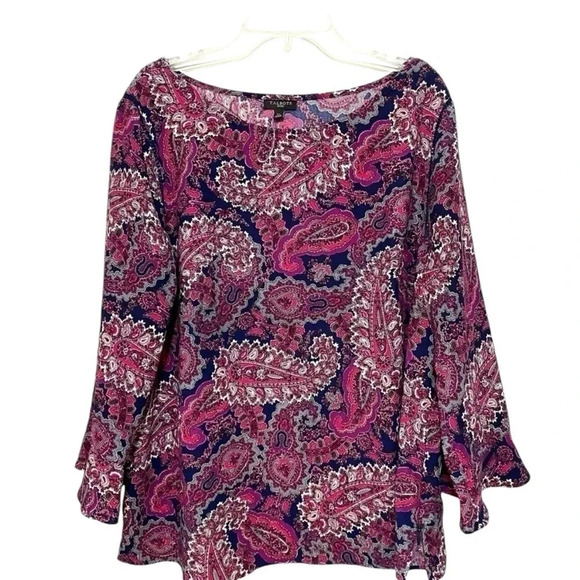 Talbots Petite Paisley Blouse Pink Blue Long Sleeve Size LP - Picture 2 of 10